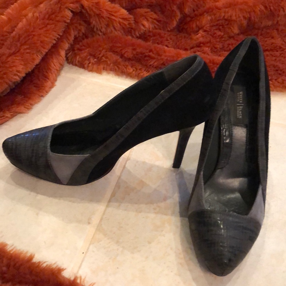 WHBM Classic leather embossed snake + suede stiletto heels